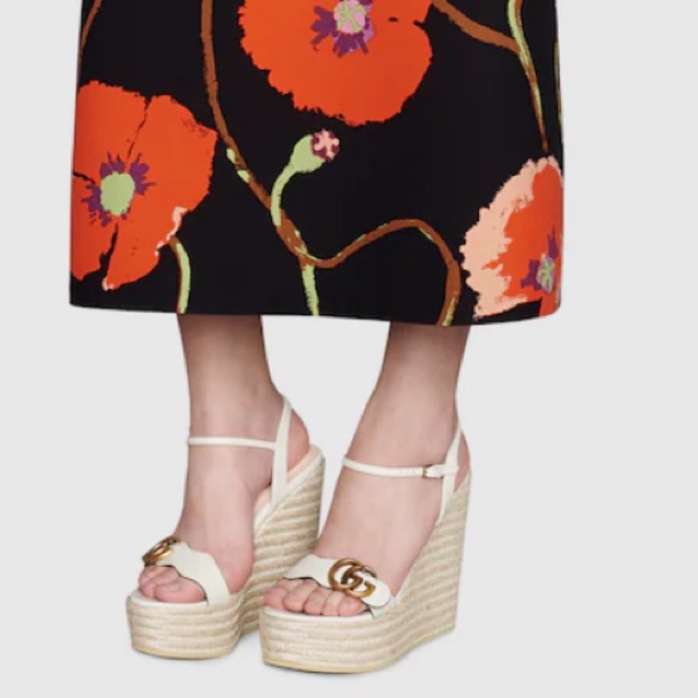 Gucci White Leather Platform Espadrille Wedges with Gold Double G